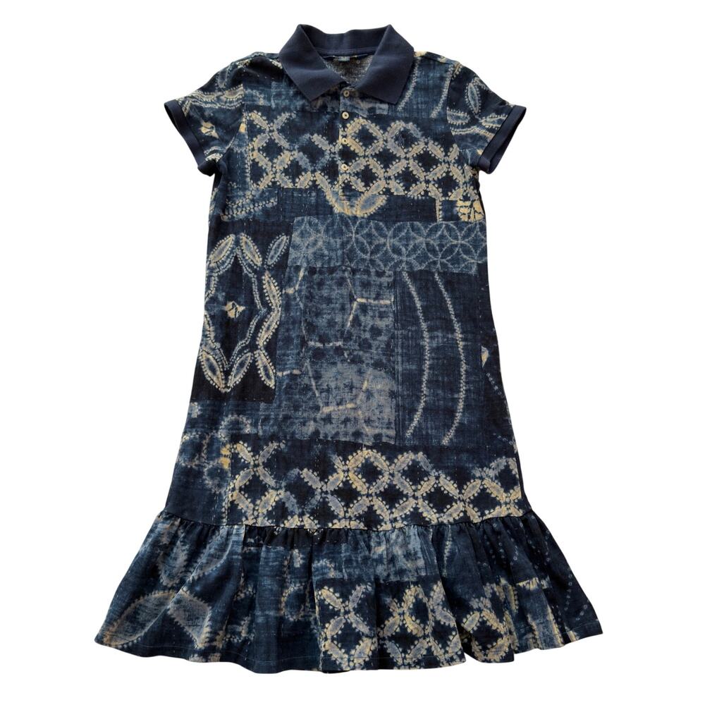 Polo Ralph Lauren Girls Indigo Patchwork Polo Dress Blue Ruffle Hem Size 12-14 L